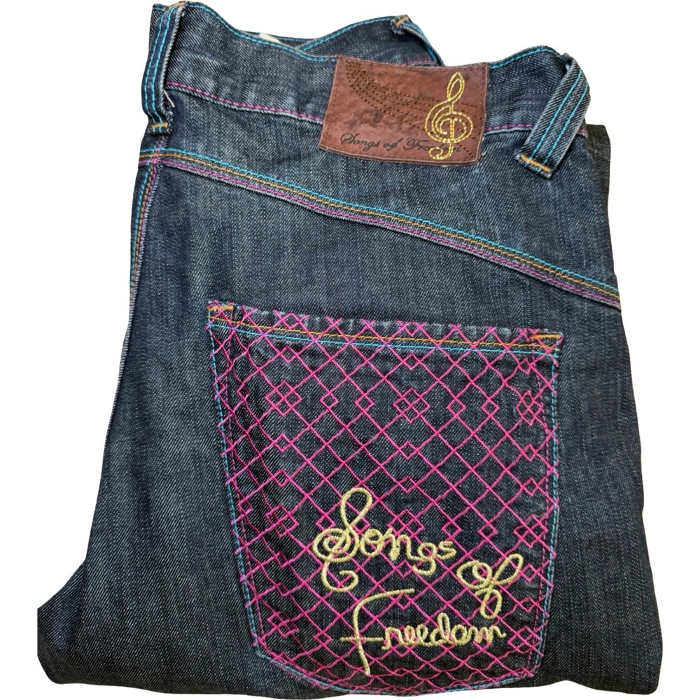 Songs of Freedom Straight Jeans Mens 32 Dark Wash Rainbow Stitch Embroidered SOF - Picture 5 of 11